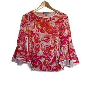 Sam & Jess Blouse Women’s 🌿Petite Small PS Pink Floral Bell Sleeve Top Light